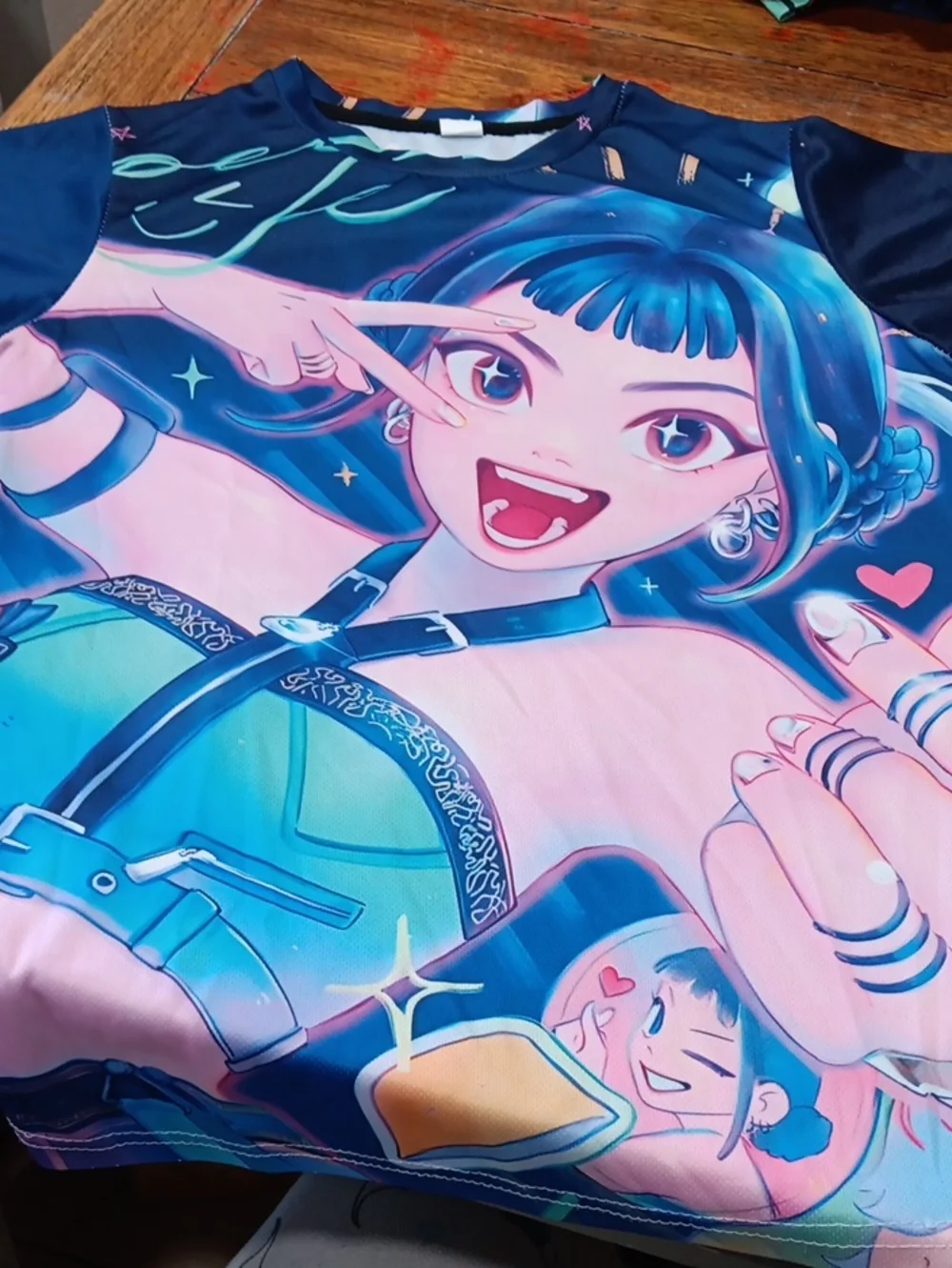 Anime Graphic Tee in Teal and Pink Demon Hunters Zoe